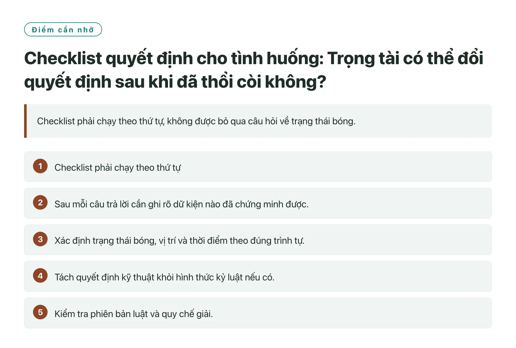 Checklist quyết định cho tình huống: Trọng tài có thể đổi quyết định sau khi đã thổi còi không?——全文要点速览