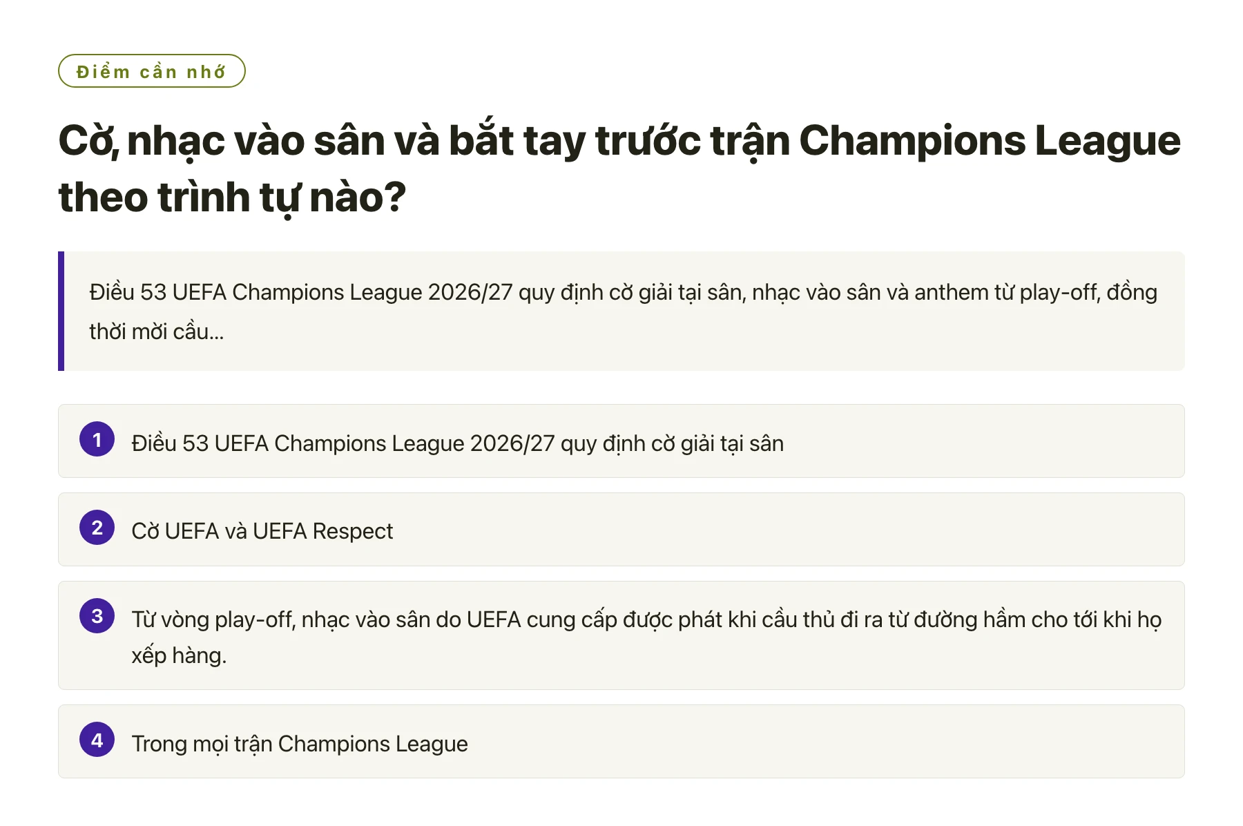 Cờ, nhạc vào sân và bắt tay trước trận Champions League theo trình tự nào?——全文要点速览